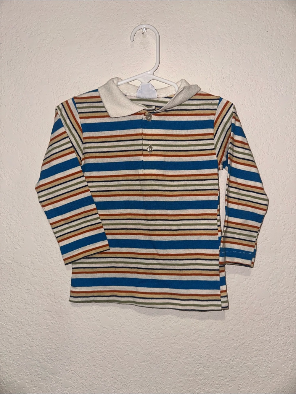Vintage Royal Heir Kids Striped Long-Sleeve Polo Tee in Blue & Cream Size 4T